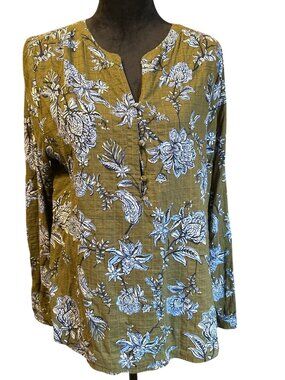 Kim Rogers Womens Olive Green Floral Blouse With Button Front & Long Sleeves M